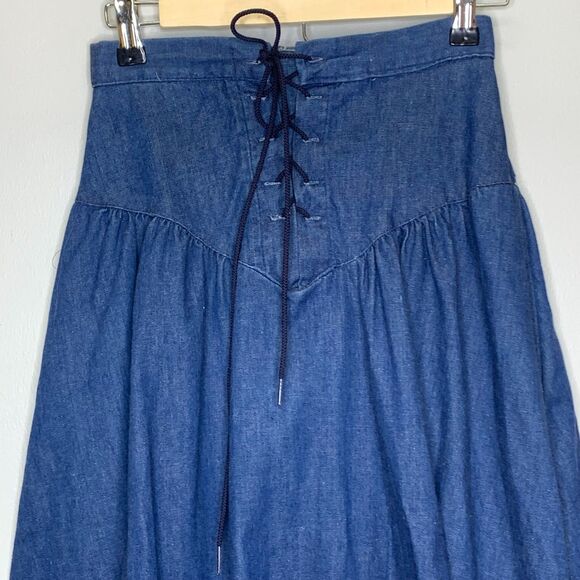 VTG Womens Denim Tiered Prairie Skirt Corset Yoke Western Cowgirl Cottagecore - Picture 3 of 13